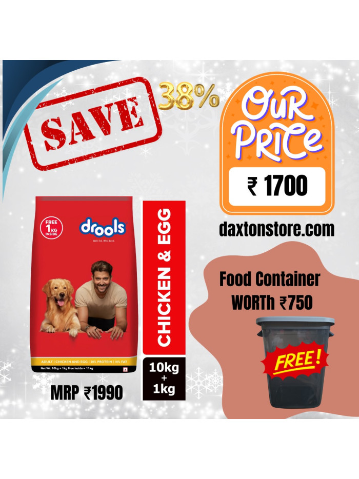 Drools Chicken & Egg Adult Dry Dog Food 10 Kg + 1 kg inside Free + Container Free